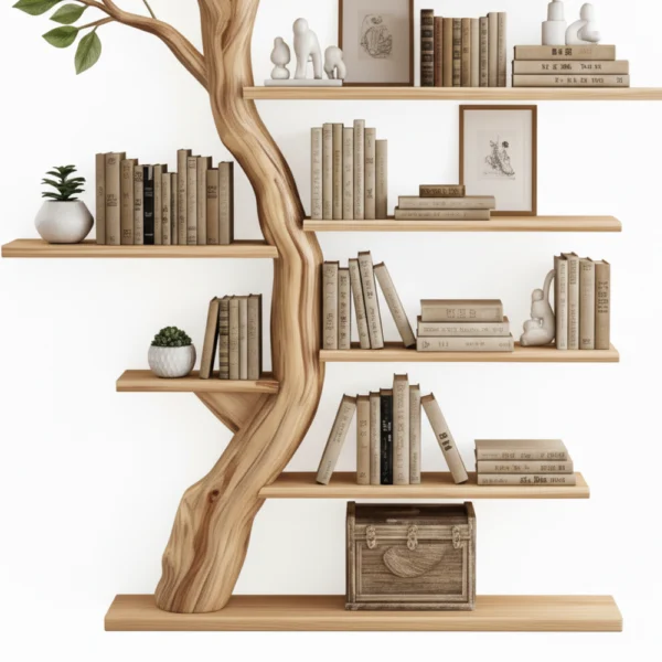 Freestanding Tree Bookshelf - Handcrafted Wooden Sculpture with Leafy Branch Shelves