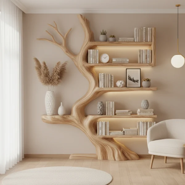 Handcrafted Driftwood Tree Branch Corner Shelf – Floating Mid-Century Bookcase, Custom Rustic Wall-Mounted Home Decor
