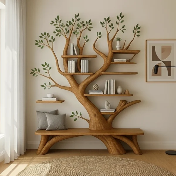 Handcrafted Tree Bookshelf & Bench Set