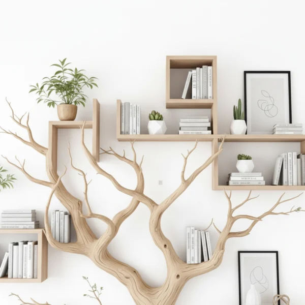 Handcrafted Tree Branch Bookshelf - Rustic Wooden Wall Decor