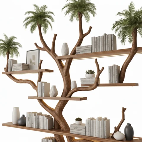 Handcrafted Tree Branch Bookshelf – Solid Wood Wall-Mounted Shelf Natural Living Room Decor2