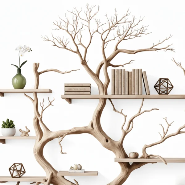 Minimalist Tree-Shaped Corner Bookshelf - Handcrafted Oak Wood Sculpture Shelf