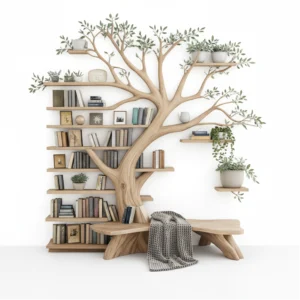 Rustic Tree Branch Bookshelf with Coordinated Bench