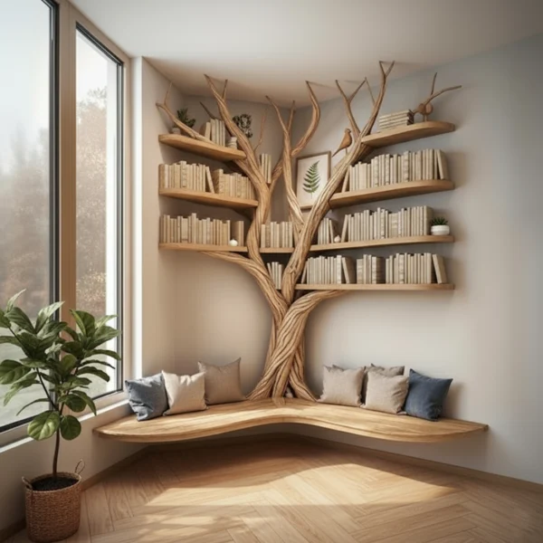 Rustic Tree Branch Floating Corner Shelf with L-Shaped Bench