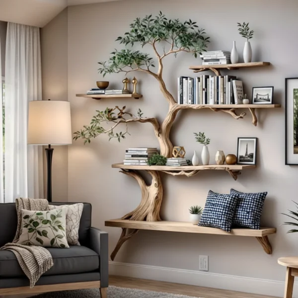 Tree-Shaped Wooden Bookshelf – Handmade Solid Wood Shelf For Interior Decoration