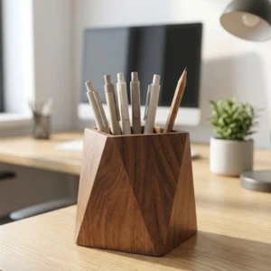 Geometric Solid Walnut Pen Holder - Modern Sculptural Desk Accessory