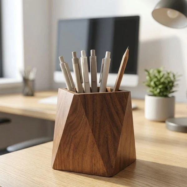 Geometric Solid Walnut Pen Holder - Modern Sculptural Desk Accessory