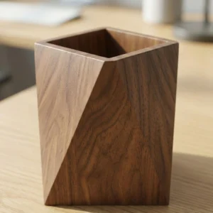 Geometric Solid Walnut Pen Holder – Modern Sculptural Desk Accessory2