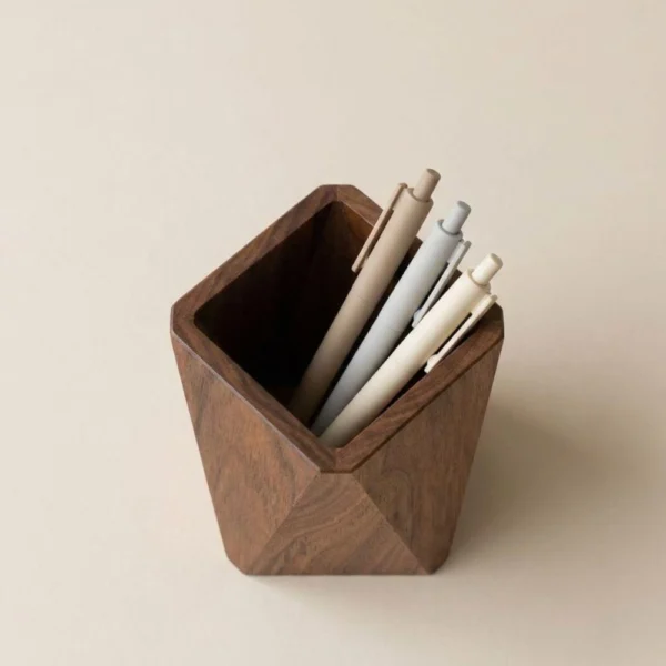 Geometric Solid Walnut Pen Holder - Modern Sculptural Desk Accessory