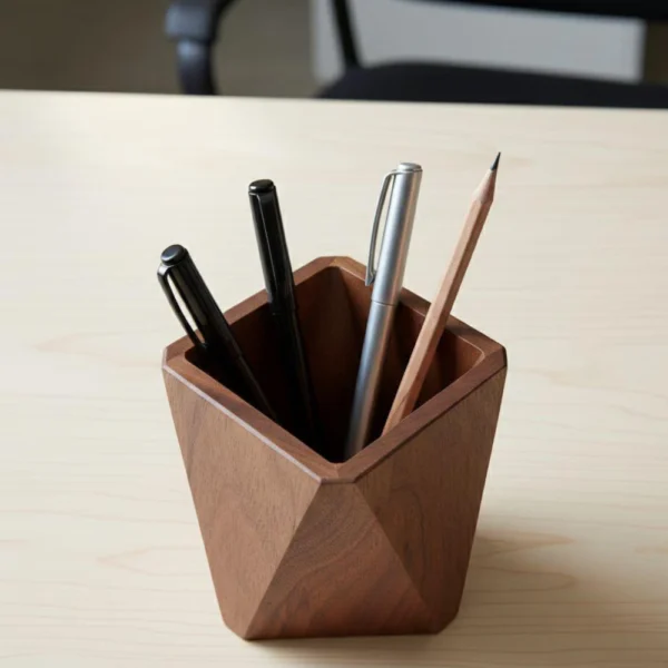 Geometric Solid Walnut Pen Holder - Modern Sculptural Desk Accessory