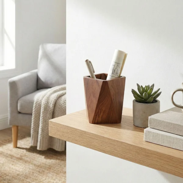 Geometric Solid Walnut Pen Holder - Modern Sculptural Desk Accessory