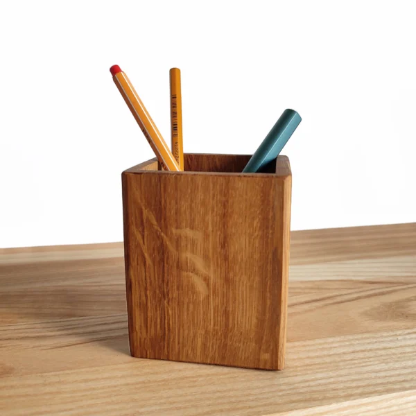 Handcrafted Solid Oak Desk Organizer - Minimalist Wooden Pen Pot