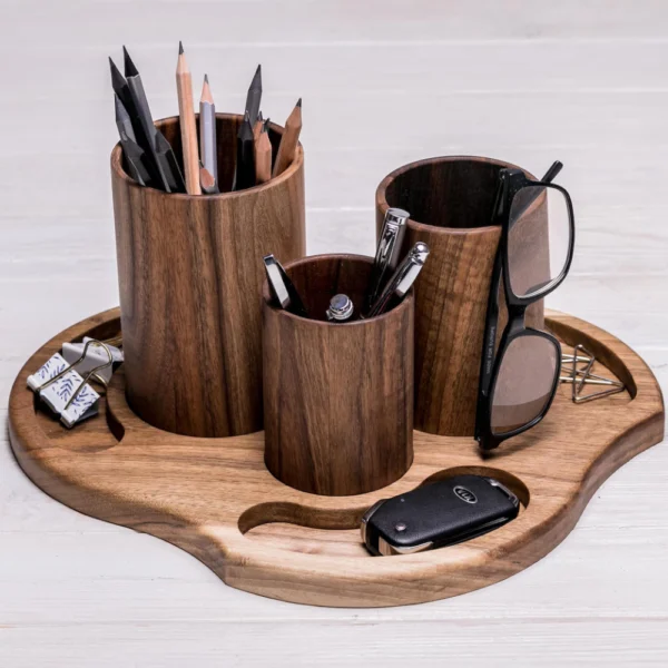 Handcrafted Wooden Desk Organizer - Pen Holder with Removable Cups