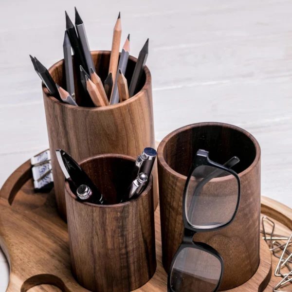 Handcrafted Wooden Desk Organizer - Pen Holder with Removable Cups