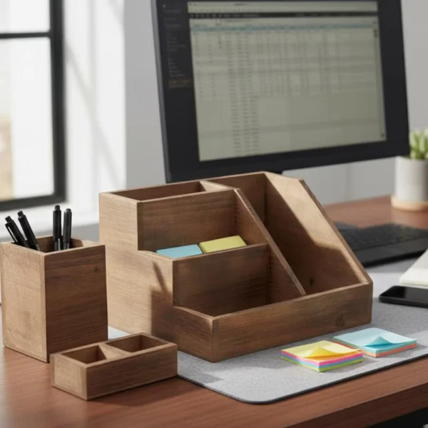 Rustic Wooden Desk Organizer Set - Minimalist Office Supply Storage Box