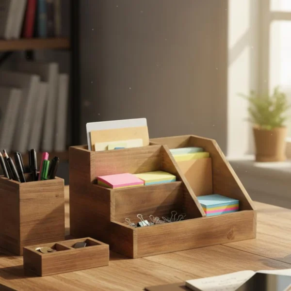 Rustic Wooden Desk Organizer Set - Minimalist Office Supply Storage Box