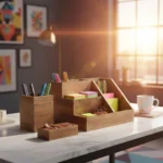 Rustic Wooden Desk Organizer Set - Minimalist Office Supply Storage Box