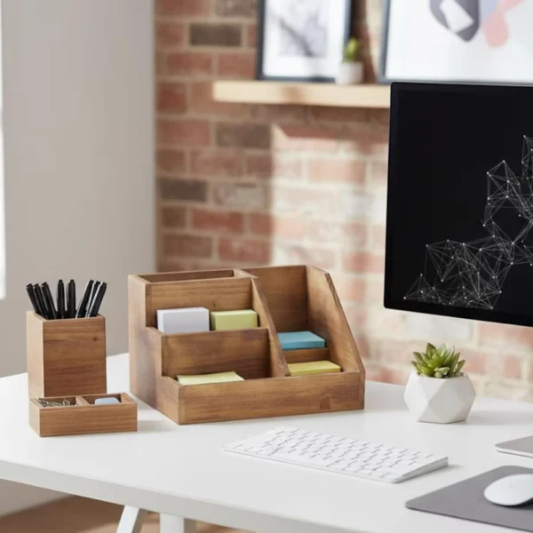 Rustic Wooden Desk Organizer Set - Minimalist Office Supply Storage Box